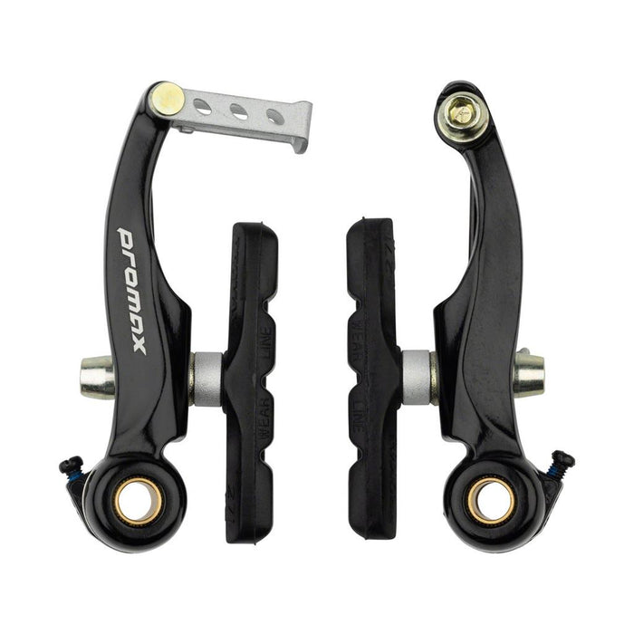 A pair of Promax MV85 Mini V Brake Callipers in black aluminum alloy with brake pads, viewed from the front on a white background. This linear pull setup provides reliable stopping power for your bike.