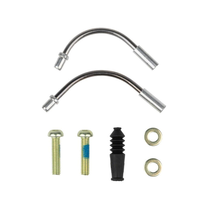 The Promax MV85 Mini V Brake Callipers include two curved aluminum alloy tubes, two bolts, a black rubber boot, and two washers for linear pull brakes, shown on a white background.