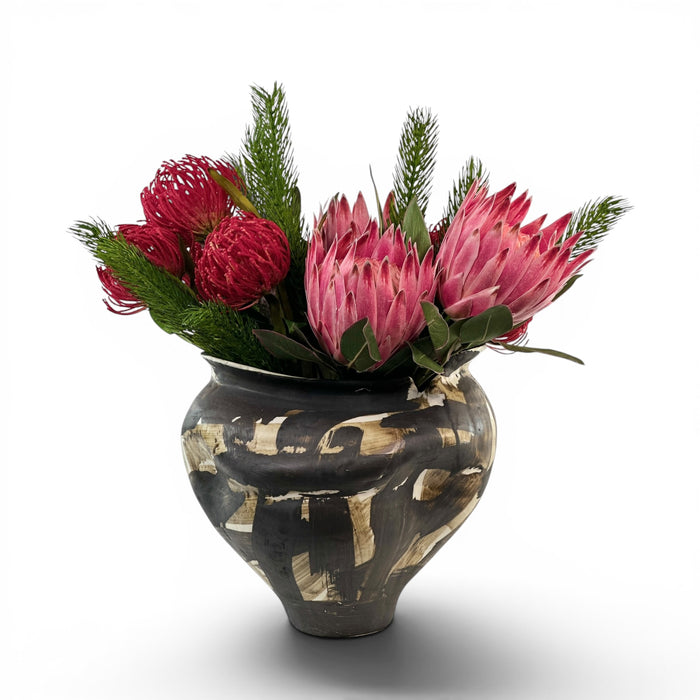 Protea Pink and Pincushion Arrangement in Decorative Planter