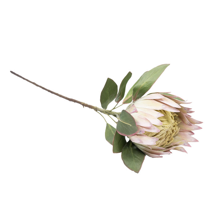Protea Pink Green Silk Flower Stem - 75cm. Close up view of flower lying down with subtle pink and green. Available from Plant Couture.