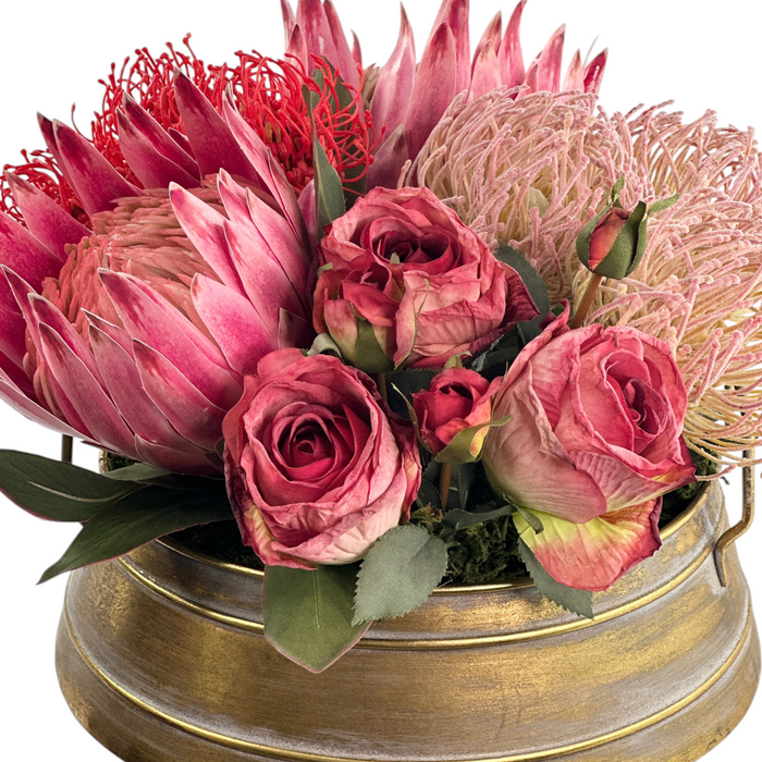 Proteas Roses Pincushion Mix Arrangement in Gold Tin