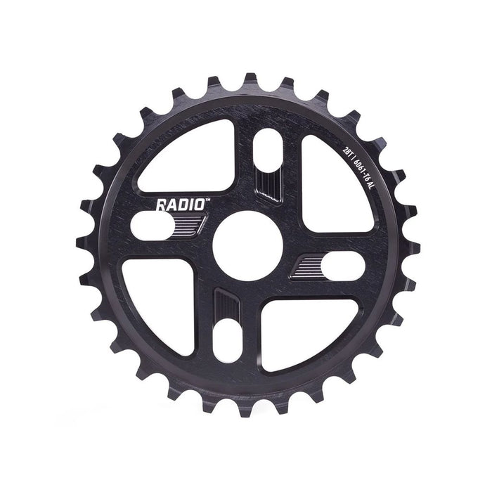 The Radio Axis Sprocket features a sleek, CNC-machined design with five spokes, constructed from durable 6061-T6 alloy. It includes a "28T 165/174 AL" label for precision and reliability in your ride.