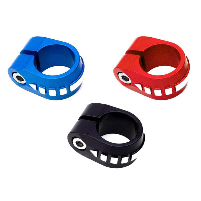 Three metal seat post clamps in blue, red, and black, each with a bolt for securing and ventilation cutouts on the sides. These Redline Broken Arrow Seat Post Clamps feature old school sizing for a perfect fit on vintage bikes.