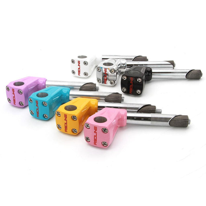 The REDLINE BY KASTAN Forklifter Front Load Stem (Gooseneck) is available in vibrant shades of blue, yellow, pink, white, and black, beautifully displayed on a pristine white background.