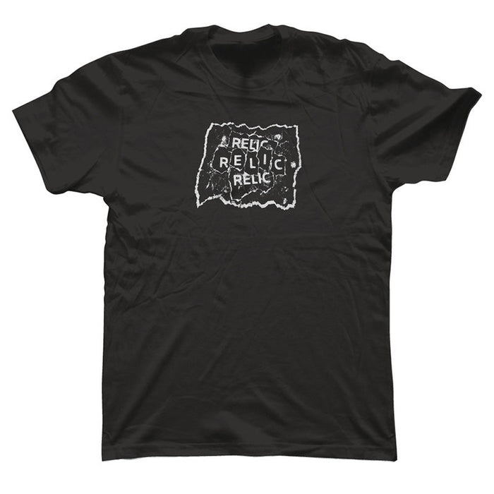 A black, pre-shrunk Relic White Riot T-Shirt (Black/White) featuring a graphic design with the word "RELIC" displayed multiple times on a distressed, torn background. Made from 100% cotton for durability and comfort.