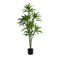 Potted faux Rhodea plant with green variegated leaves on a white background