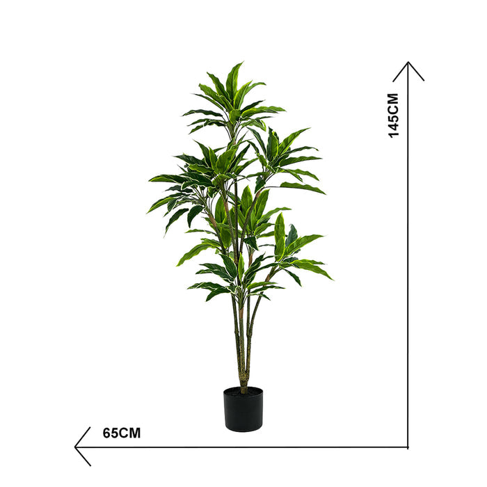 Potted faux Rhodea plant with dimensions indicated on a white background