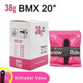 The RideNow TPU 20 Inch Tube with Schrader (car) valve is boxed and folded, weighs just 38g, features a race formula, and comes in pink—ideal for riders seeking ultra lightweight BMX inner tubes.