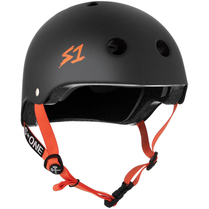 The S-One Helmet Lifer in Black Matte with Orange Straps showcases vibrant orange straps and ventilation holes on top, designed with Multiple Impact Protection using EPS Fusion Foam for enhanced safety.