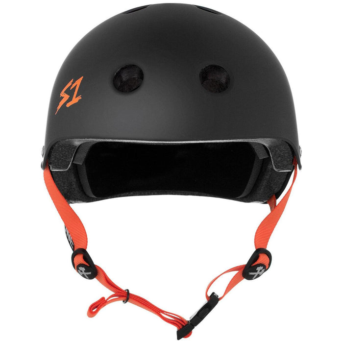 The S-One Helmet Lifer in Black Matte with Orange Straps is a stylish helmet that features multiple ventilation holes, an orange logo on the side, and offers enhanced safety with its EPS Fusion Foam, providing multiple impact protection for your ride.