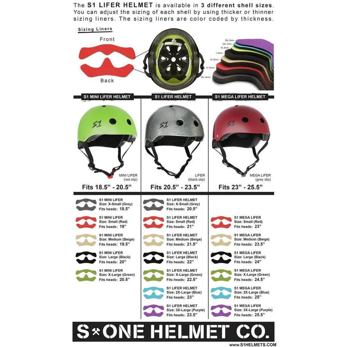 Infographic explaining S1 Lifer Helmet sizes (Mini, Lifer, Mega Lifer) and color-coded sizing liners. Shows helmet dimensions, available liner sizes, and liner colors for each shell size. Highlights the S-One Helmet Retro Lifer Gold Gloss Glitter's multi-impact protection with EPS Fusion Foam for enhanced safety.