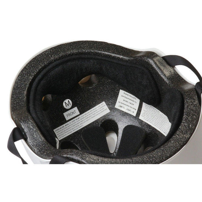 The image shows the inside of an S-One Lifer Terry Helmet Liner, featuring visible padding, a washable sweat-absorbing liner, a size label, and safety information stickers.