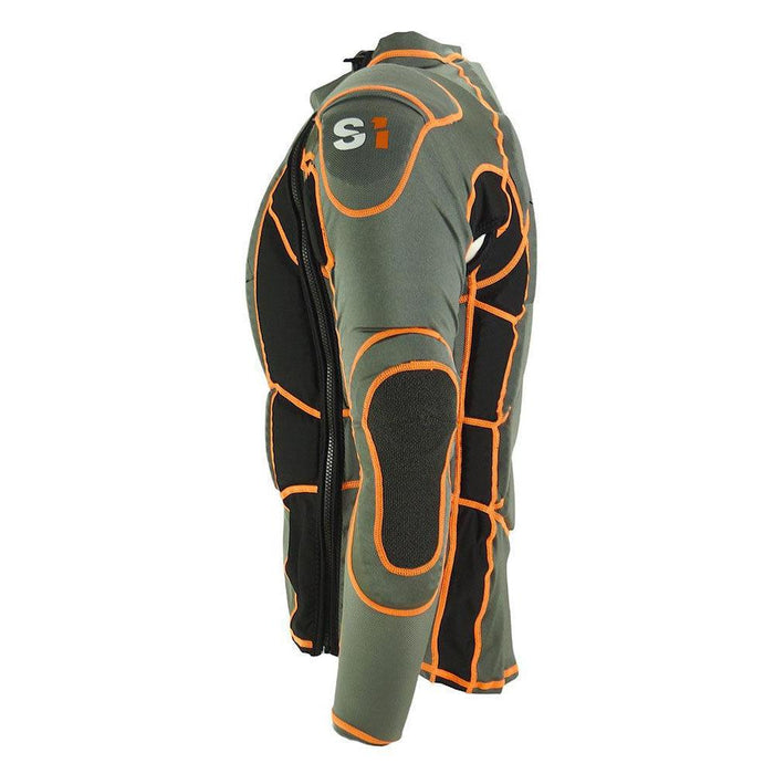 The side view of the S1 Pro Race Safety Jacket V2 Youth highlights its lightweight, anatomical design. Made from protective materials, it features green fabric with orange stitching and padding on shoulders, elbows, and back for superior impact resistance.