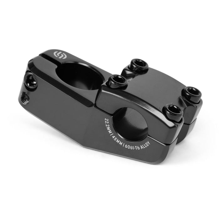 Salt AM 45 Top Load Stem (22.2mm Clamp) in black metal, featuring Shark Tooth Clamping technology, four front bolts, side clamp bolts, and white printed specifications on the side, displayed on a white background. Ideal for 18-inch bikes.