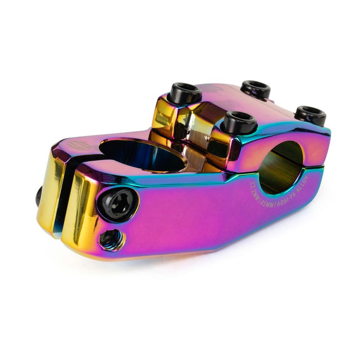 A metallic, rainbow-colored Salt AM 45 Top Load Stem (22.2mm Clamp) with multiple black bolts and Shark Tooth Clamping, ideal for 18 inch bikes, is displayed on a white background.