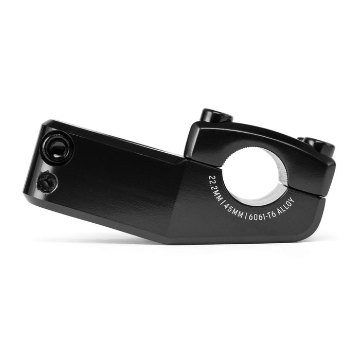 The Salt AM 45 Top Load Stem (22.2mm Clamp) is a black machined bicycle stem made from durable 6061-T6 alloy, engineered with Shark Tooth Clamping for extra grip and designed with a 45mm length—perfect for 18 inch bikes. Displayed isolated on a white background.