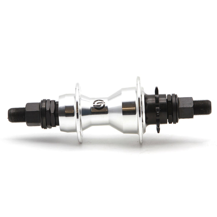 An image of a bicycle wheel with a black and silver rim and tough Salt Curse Salt Rear Hub.