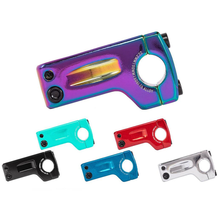 Six Salt Pro V2 Front Load Stems (22.2mm clamp)—crafted from high-strength 6061-T6 alloy—in iridescent, black, blue, red, teal, and silver are displayed on a white background.