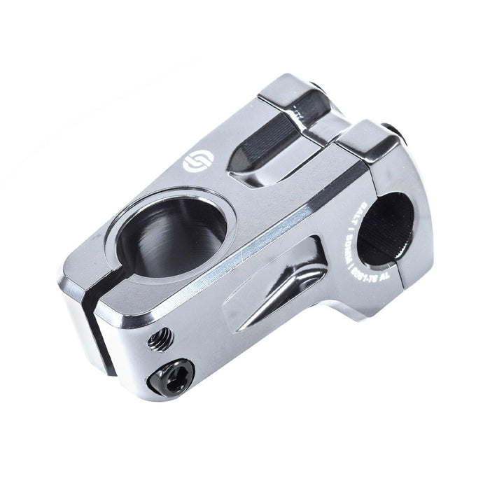 Crafted from durable 6061-T6 alloy, the Salt Pro V2 Front Load Stem (22.2mm Clamp) features a polished silver metal finish, two clamp areas, and bolt holes for secure handlebar-to-steerer tube connection. Inspired by the trusted Salt Pro V2 design, this stem offers both strength and a sleek aesthetic.