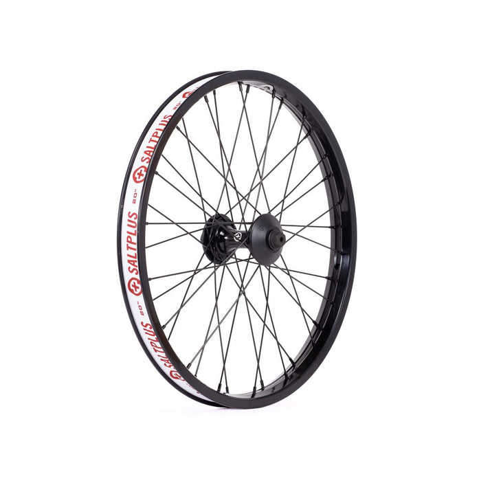 A black Salt Summit 20 Inch Front Wheel with a white SaltPlus logo on it.