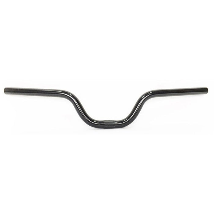 Black bicycle handlebar with a curved, upright design, viewed from the front against a white background—these SD Aluminium Mini Race Bars V2 (22.2mm Clamp) are ideal junior alloy handlebars for young riders who want both control and comfort.