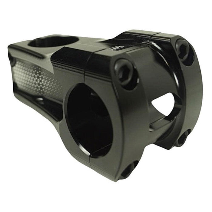 The SD-X Pike Oversized Pro CNC Stem (31.8mm Clamp) features a black oversized design with a four-bolt faceplate and textured sides, CNC-machined for precision and engineered to securely attach handlebars to your bike’s steerer tube—ideal for a professional race bike setup.