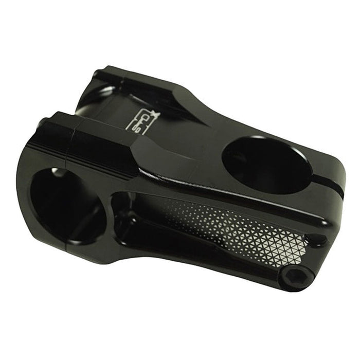 The SD-X Pike Oversized Pro CNC Stem (31.8mm Clamp) is a black BMX stem with a top-load design, featuring a machined grid pattern on the side and handlebar mounting holes. Crafted using precision CNC machining, this stem delivers the durability and accuracy demanded for any pro race bike.