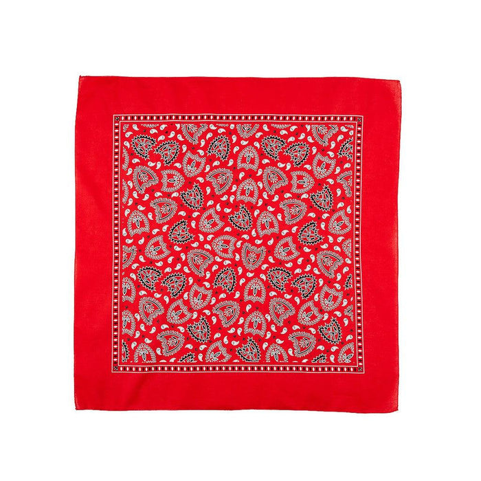 A red S&M Bandana with a white and black paisley pattern bordered by a small geometric design.
