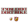 The S&M Dirt Bike Frame Decal Set includes two decals: one with "DIRT BIKE" in red, inversely and normally, plus a frame decal set featuring two smaller shield-shaped "S&M American Bicycle Co" stickers in bold red and yellow, ideal for updating your bike's look.