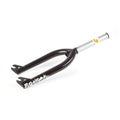 The S&M Pitchfork XLT 18 Inch Fork is a black BMX fork with white text on one leg, featuring laser cut dropouts and constructed from durable 4130 CrMo, paired with a silver steering tube.
