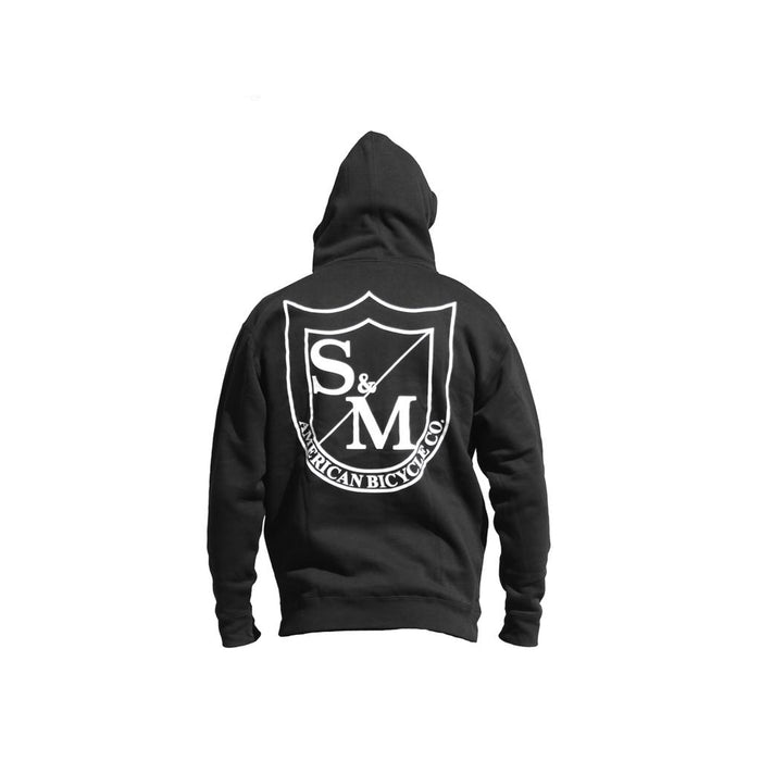 Wearing an S&M Two Shield Pullover Hoodie featuring a large white S&M American Bicycle Co. logo and shield on the back; fleece-lined hood, sweet style, printed in the USA.