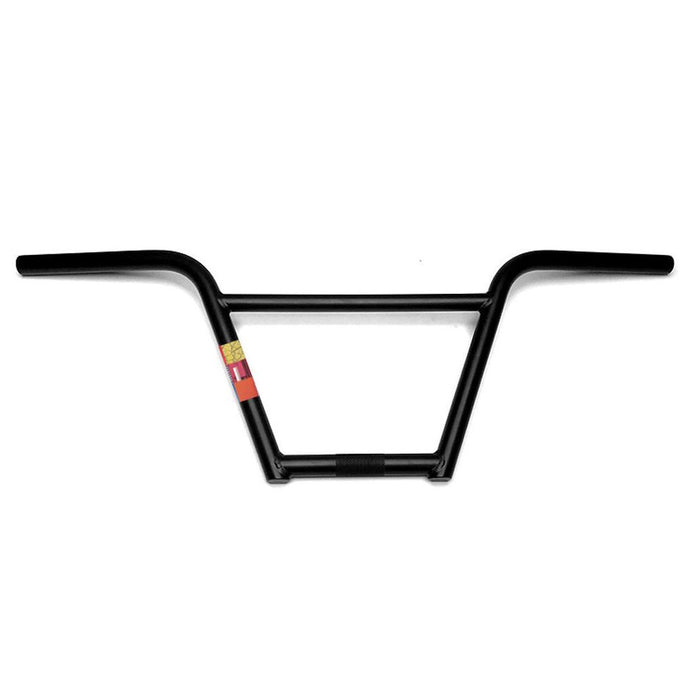 A black bicycle handlebar, featuring a rectangular red and yellow sticker on the left side, from the Stranger Come Over 4-piece Bars collection.