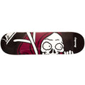 The Sunday Creepy Sweeper Skateboard Deck is made of sturdy Canadian Hard Rock Maple and features a cartoon skull with big eyes in a red hood against a black background with white accents.
