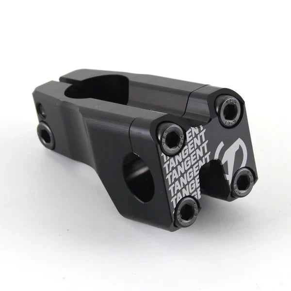 The Tangent Front Load Stem (22.2mm Clamp) features black styling with “Tangent” branding, four front bolts for secure handlebar attachment, and two side bolts to secure the fork—making it a premium choice among BMX parts and race stems.