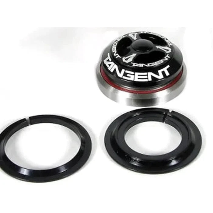 The Tangent Headset 1-1/8 - 1.5 Inch is a black and silver BMX headset for a 1 1/8th fork, including two black split rings and a sealed alloy top cap, shown on a white background.