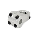 The Shadow Conspiracy VVS Front Load Stem (22.2mm Clamp) is a silver BMX stem made from durable 6061-T6 alloy, featuring four black bolts securing the faceplate, and is shown on a white background.