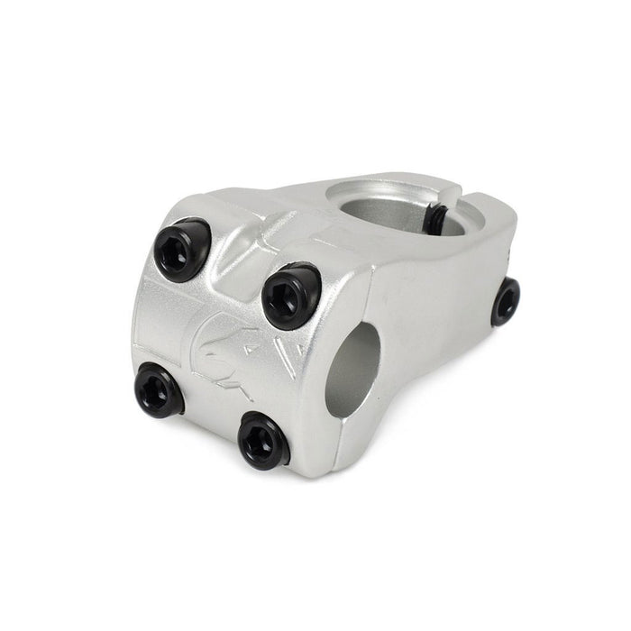 The Shadow Conspiracy VVS Front Load Stem (22.2mm Clamp) is a silver BMX stem made from durable 6061-T6 alloy, featuring four black bolts securing the faceplate, and is shown on a white background.