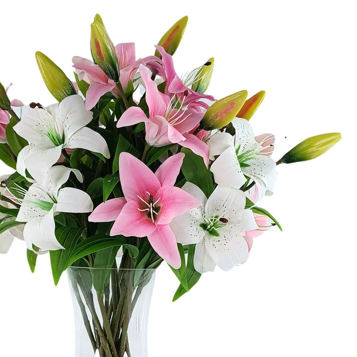 Tiger Lily Pink White Silk Flower Arrangement. Close up side view of arrangement. Available from www.plantcouture.co.za