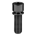 A vertically positioned black titanium M8 Stem Bolt with a cylindrical head and threaded body against a white background.