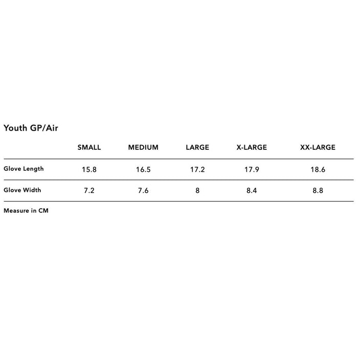 Size chart for TLD Youth Air Glove Black, listing length and width in cm for Small, Medium, Large, X-Large, and XX-Large—ideal to help you find the perfect fit for Troy Lee Designs cycling gloves.