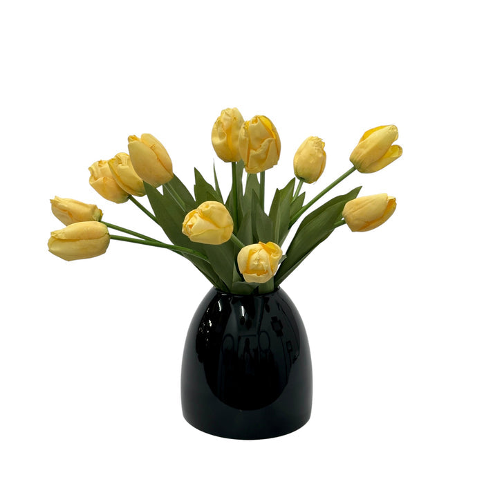 Faux Tulip yellow arrangement in black glass vase