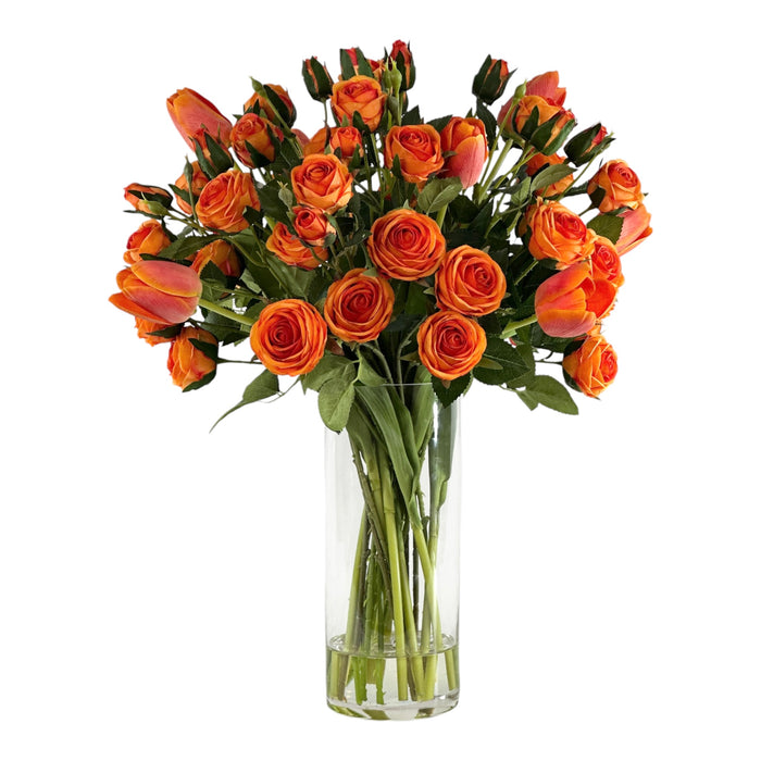 Faux Rose and Tulip Arrangement Orange in glass vase