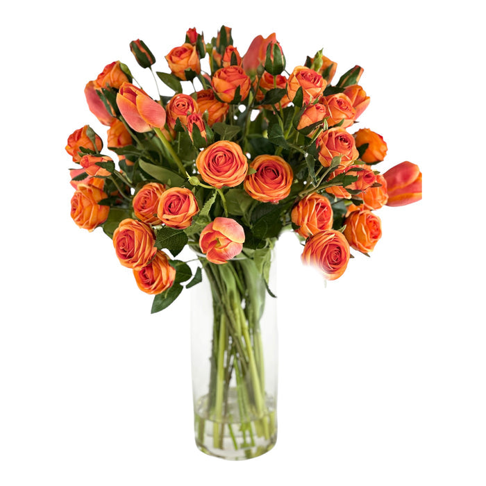 Artificial Rose and Tulip arrangement orange in vase
