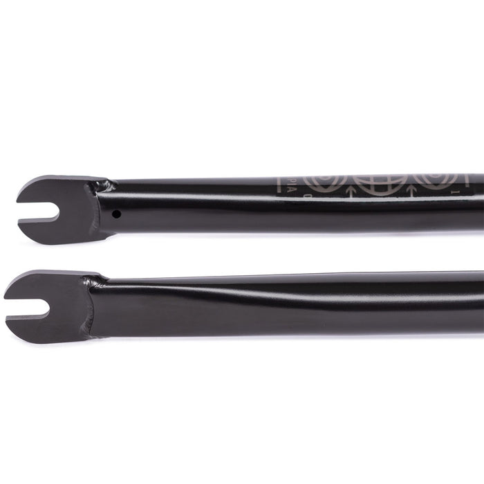 Two U-shaped black fork dropouts are placed parallel on a white background, highlighting the precision of CNC'd steerers used in crafting the Utopia Zero (With Mounts) Flatland Fork with zero-offset.