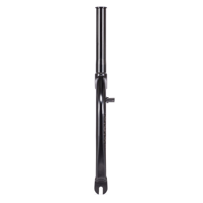 The Utopia Zero (With Mounts) Flatland Fork is a black fork with zero offset, featuring a minimalist design with triple butted blades and a CNC'd steerer, shown from the front on a white background.