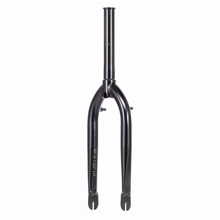 The Utopia Zero (With Mounts) Flatland Fork, in black, boasts a CNC’d steerer and triple butted fork blades for precision and durability, with dropout ends for easy wheel attachment. It's perfect for riders seeking toughness and simplicity.