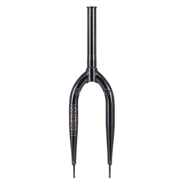 The Utopia Zero (With Mounts) Flatland Fork comes in black with a CNC'd steerer, curved blades, and a geometric design on one side. Triple butted fork blades enhance durability, making it ideal for flatland adventures without sacrificing style or performance.