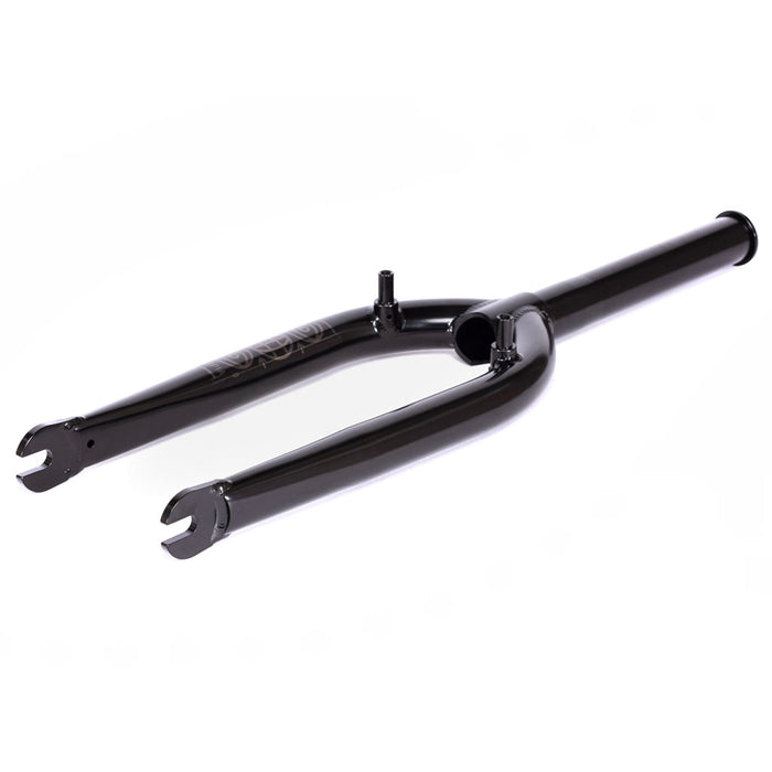 The Utopia Zero (With Mounts) Flatland Fork is a black, metal BMX fork featuring triple butted fork blades, a CNC'd steerer, tapered legs, and a zero-offset design for secure front wheel and handlebar attachment.