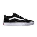 The Vans Kids Old Skool Black/White skate shoe features white laces, white stitching, and a white rubber sole—ideal for kids' everyday style.