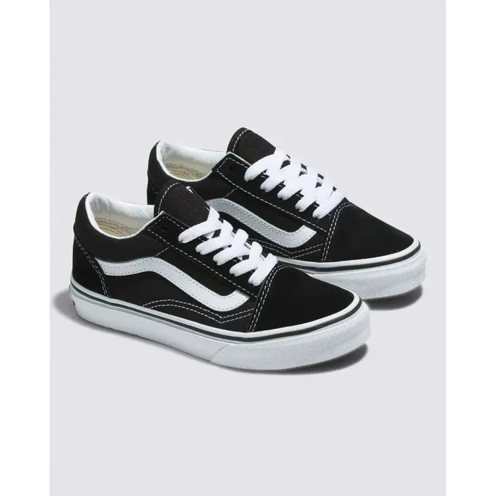 Pair of Vans Kids Old Skool Black/White low-top shoes featuring white laces and a wavy stripe design on the side, ideal for stylish young children, showcased against a simple background.